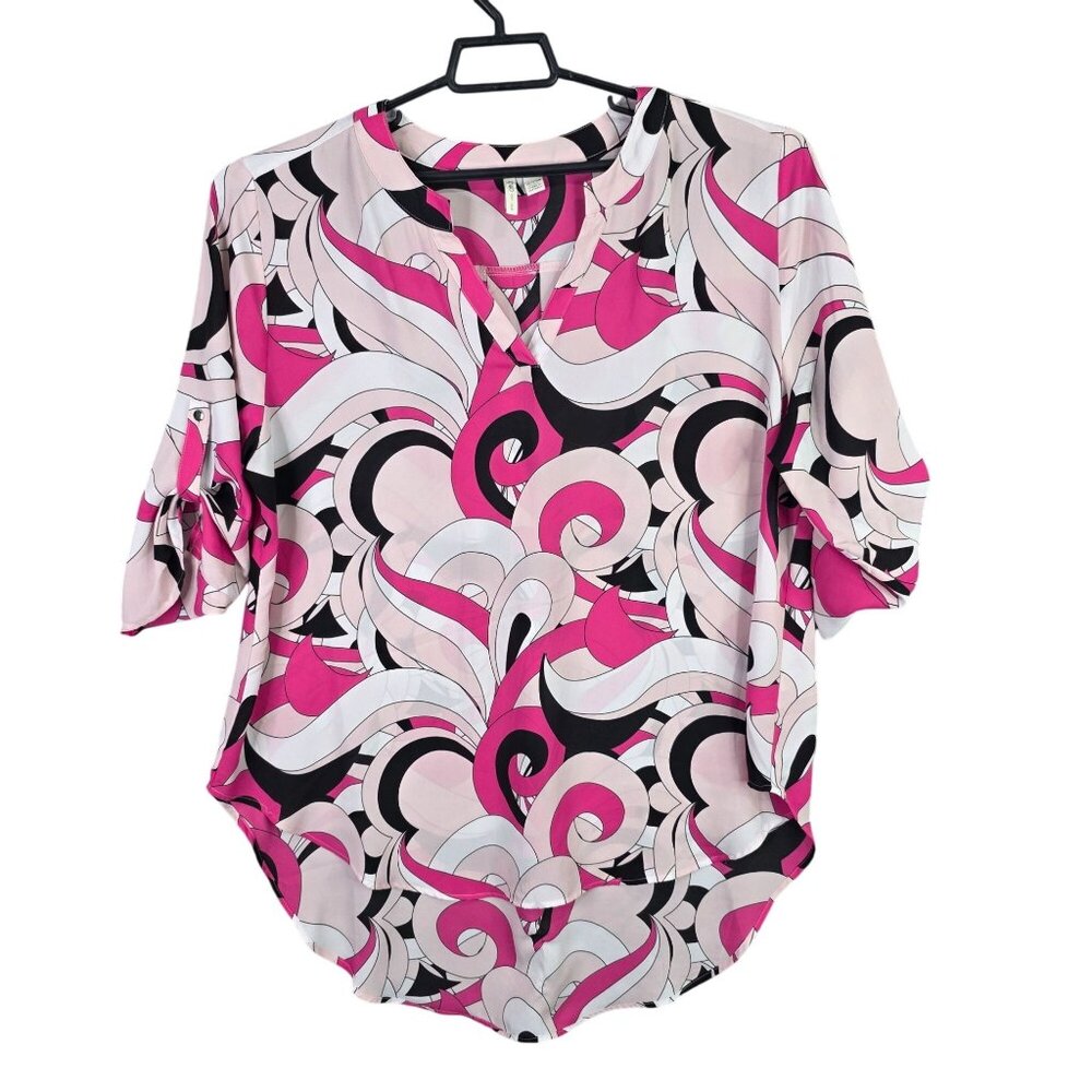 Womens Cato Abstract Pink & Black Blouse V Neck Roll Tab Sleeve Polyester 18/20W